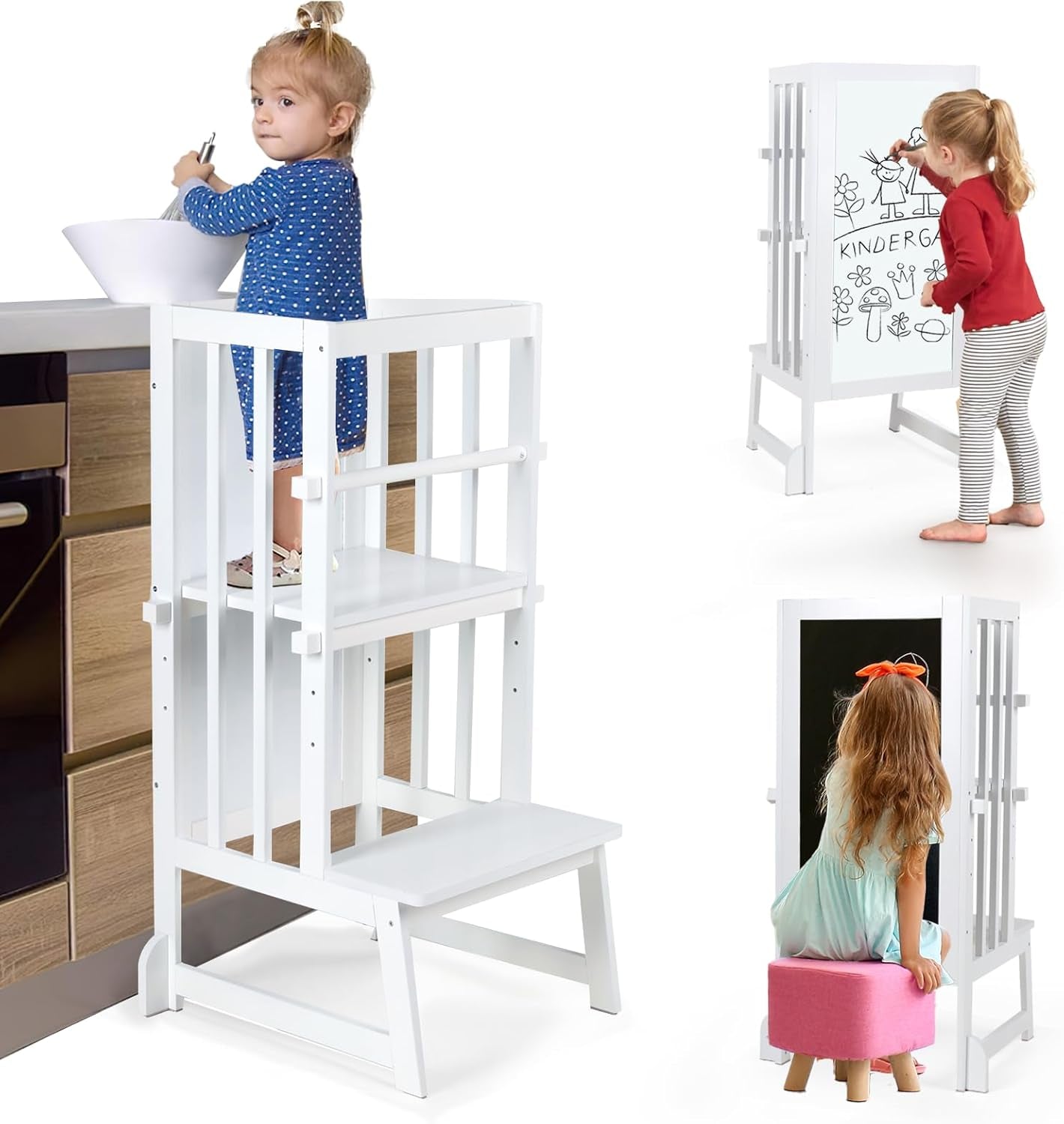 3 Stufen Höhenverstellbar Lernturm Und Tritthocker Für Kinder, a Förmiger Struktur, Sicherheitsgeländer, Für Kinder Im Alter Von 18-36 Monaten, Montessori Küchenhelfer, Bambusholz,Weiß