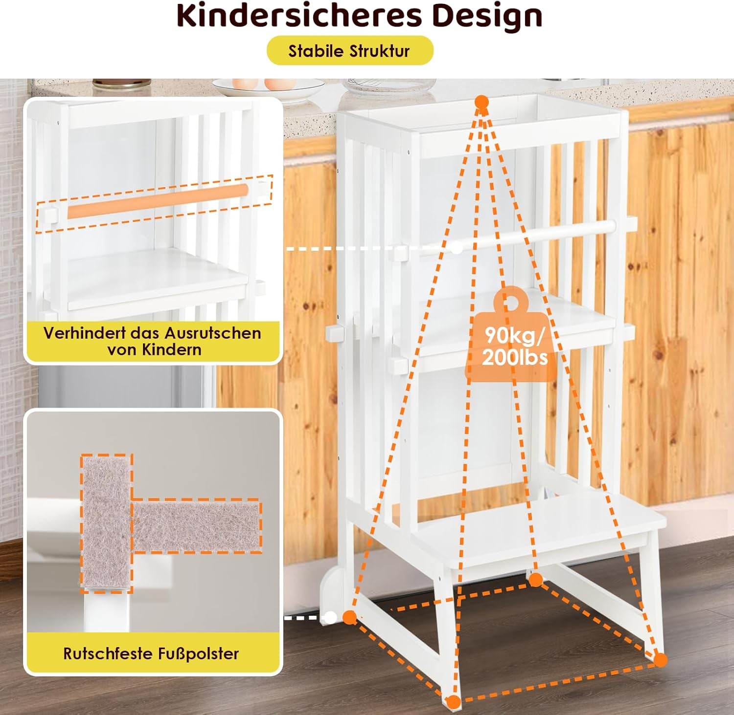 3 Stufen Höhenverstellbar Lernturm Und Tritthocker Für Kinder, a Förmiger Struktur, Sicherheitsgeländer, Für Kinder Im Alter Von 18-36 Monaten, Montessori Küchenhelfer, Bambusholz,Weiß