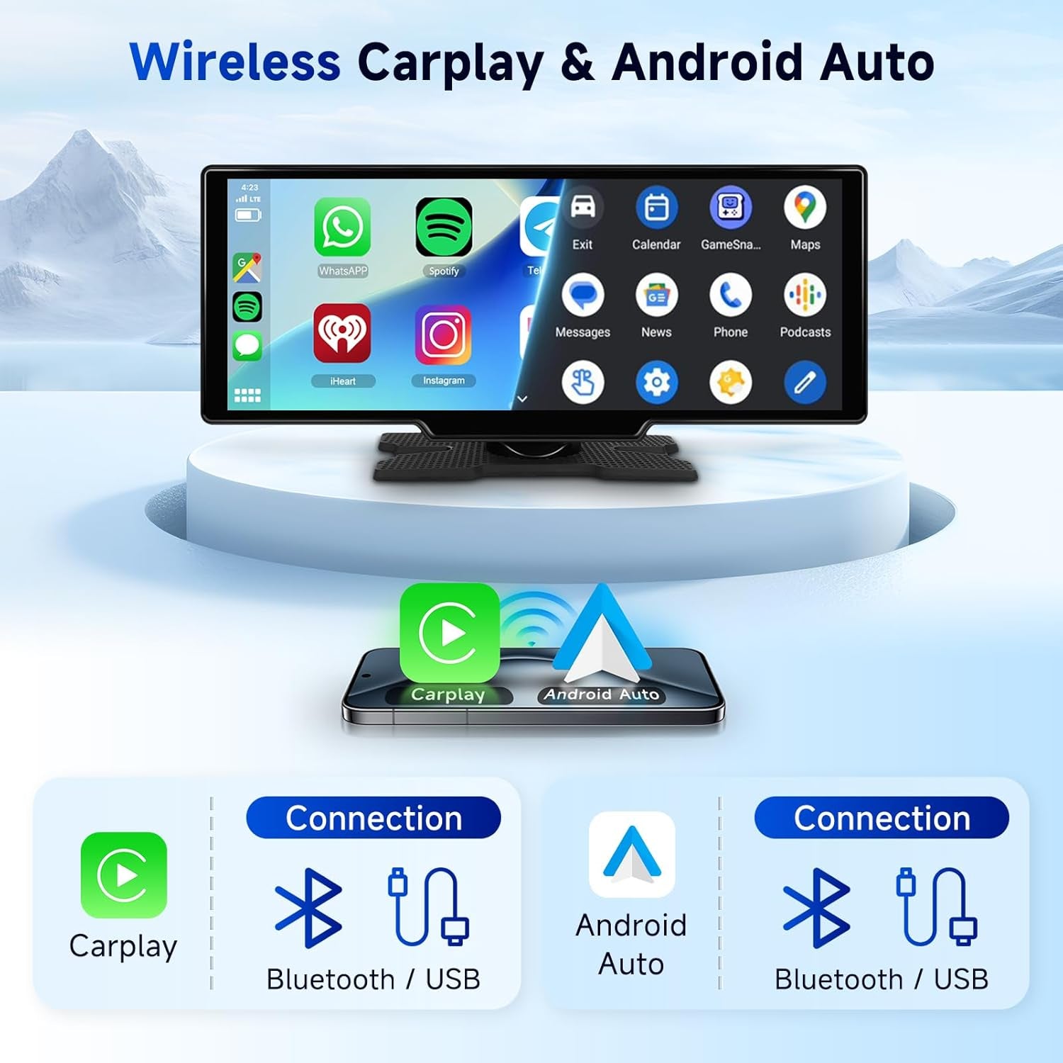 2025 Hodozzy Drahtlos Carplay Android Auto Bildschirm, 10.26 Zoll Tragbares Bluetooth Autoradio Mit IPS Touchscreen/Youtube/Airplay/Sprachsteuerung/Aux/Tf/Ota/Fm-Transmitter + Rückfahrkamera
