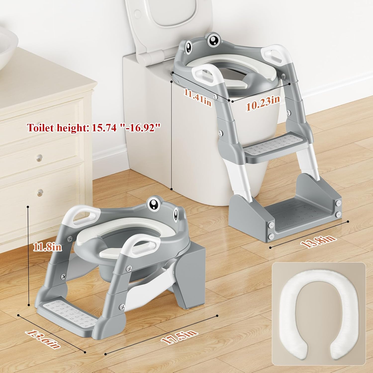 2 in 1 Toilettensitz Kinder, Toilettensitz Kinder Mit Treppe Für Jungen Mädchen Baby, Upgraded 2-In-1 Kinder WC Sitz Mit Treppe Mit Urinal Und Spritzschutz (Gray)
