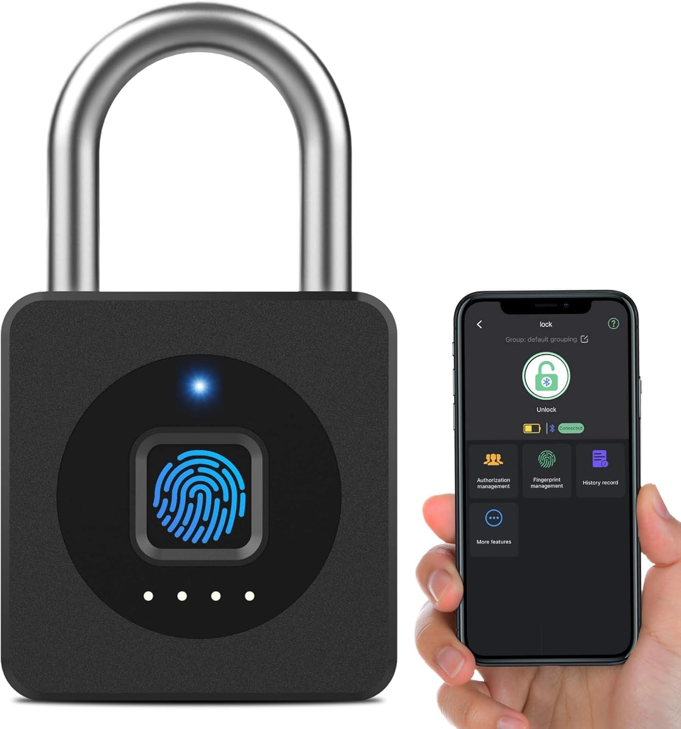 Vorhängeschloss Fingerabdruck, Spindschloss, Schloss Mit Fingerabdruck Und APP, 43MM Vorhängeschloss Wetterfest Mit 6MM Dicker Schäkel Für Gym Spinde Koffer, Keller, Schule - Schwarz