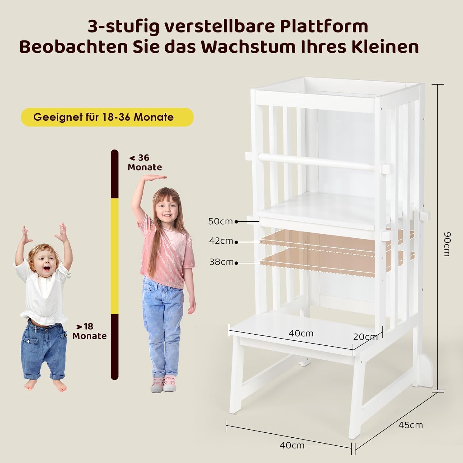 3 Stufen Höhenverstellbar Lernturm Und Tritthocker Für Kinder, a Förmiger Struktur, Sicherheitsgeländer, Für Kinder Im Alter Von 18-36 Monaten, Montessori Küchenhelfer, Bambusholz,Weiß