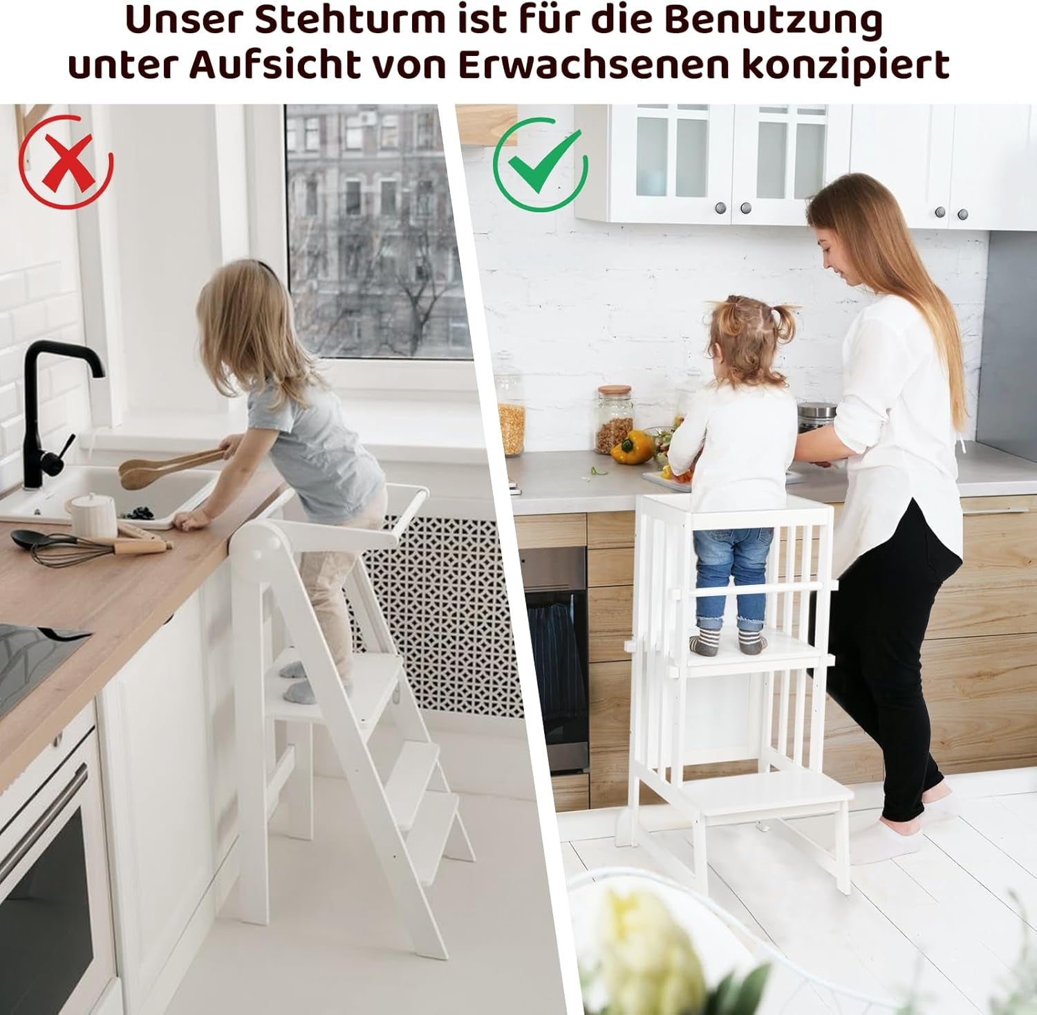 3 Stufen Höhenverstellbar Lernturm Und Tritthocker Für Kinder, a Förmiger Struktur, Sicherheitsgeländer, Für Kinder Im Alter Von 18-36 Monaten, Montessori Küchenhelfer, Bambusholz,Weiß