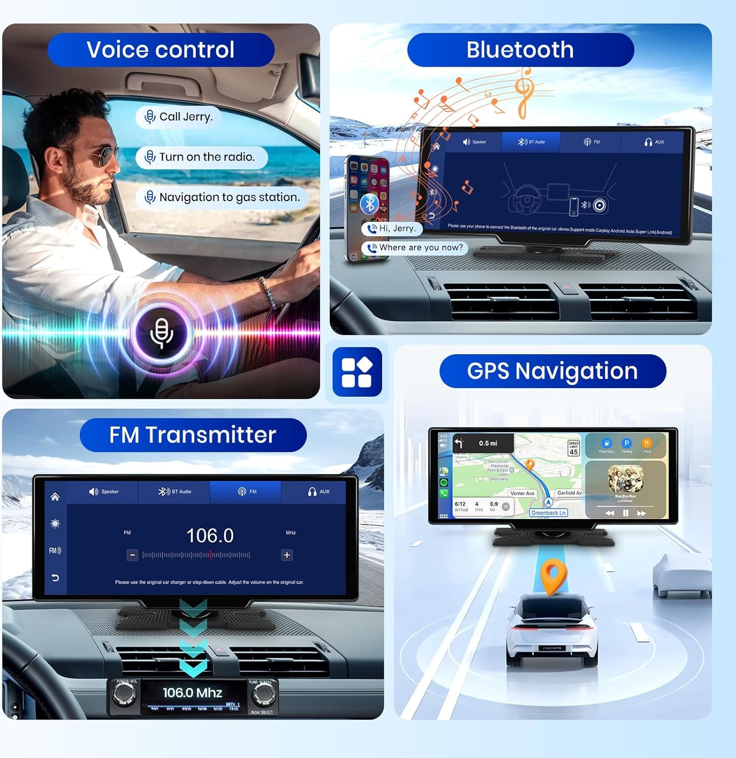 2025 Hodozzy Drahtlos Carplay Android Auto Bildschirm, 10.26 Zoll Tragbares Bluetooth Autoradio Mit IPS Touchscreen/Youtube/Airplay/Sprachsteuerung/Aux/Tf/Ota/Fm-Transmitter + Rückfahrkamera
