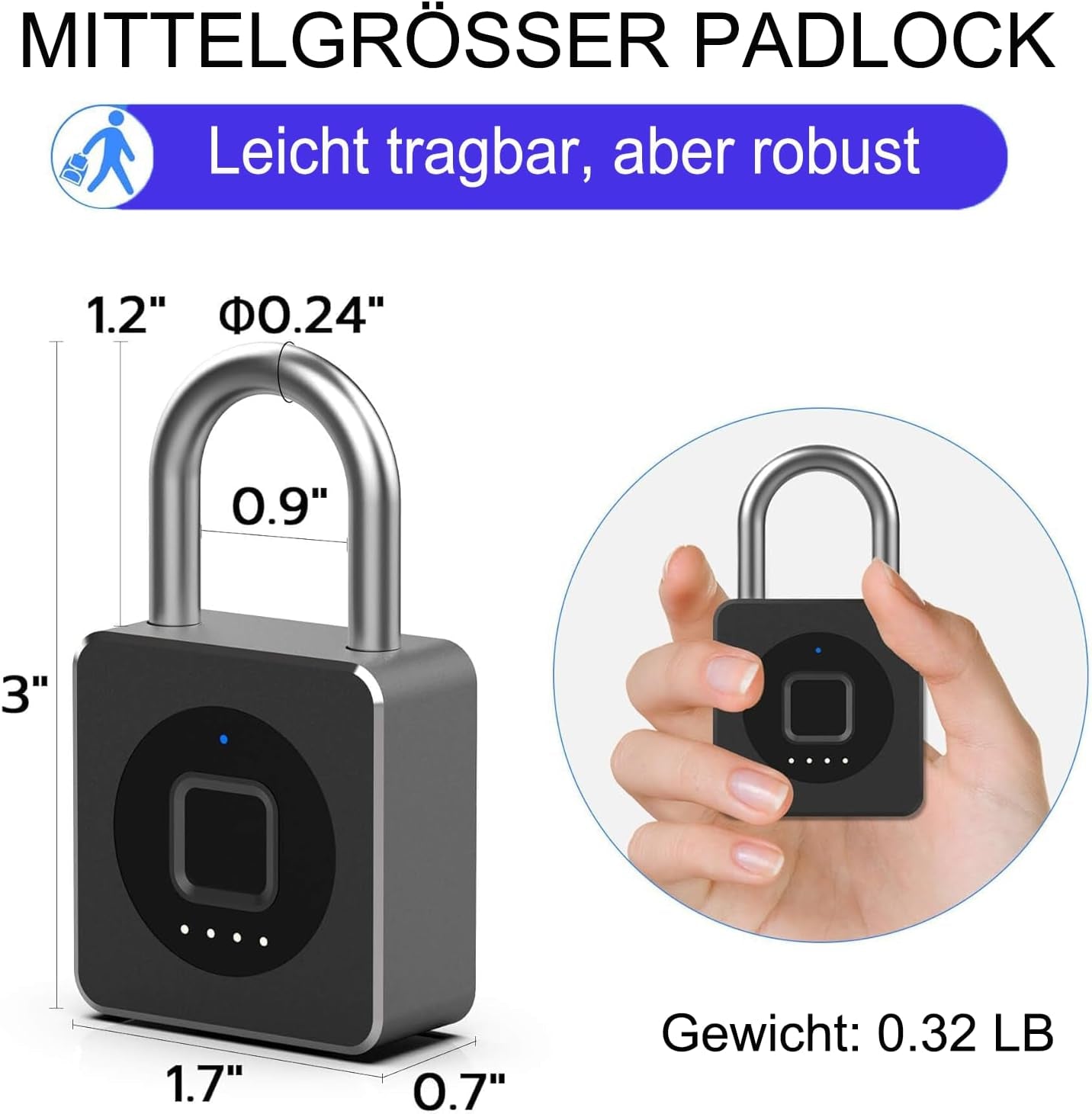 Vorhängeschloss Fingerabdruck, Spindschloss, Schloss Mit Fingerabdruck Und APP, 43MM Vorhängeschloss Wetterfest Mit 6MM Dicker Schäkel Für Gym Spinde Koffer, Keller, Schule - Schwarz