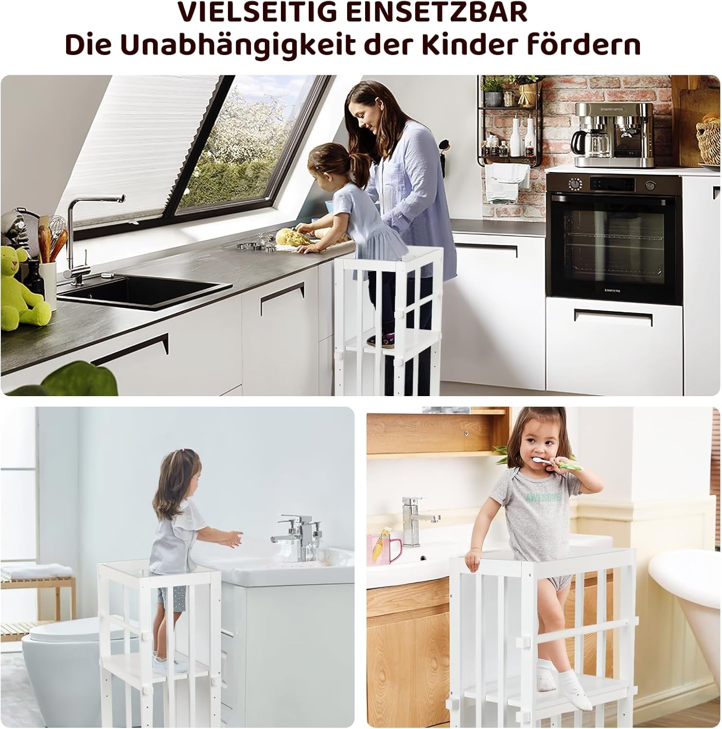 3 Stufen Höhenverstellbar Lernturm Und Tritthocker Für Kinder, a Förmiger Struktur, Sicherheitsgeländer, Für Kinder Im Alter Von 18-36 Monaten, Montessori Küchenhelfer, Bambusholz,Weiß