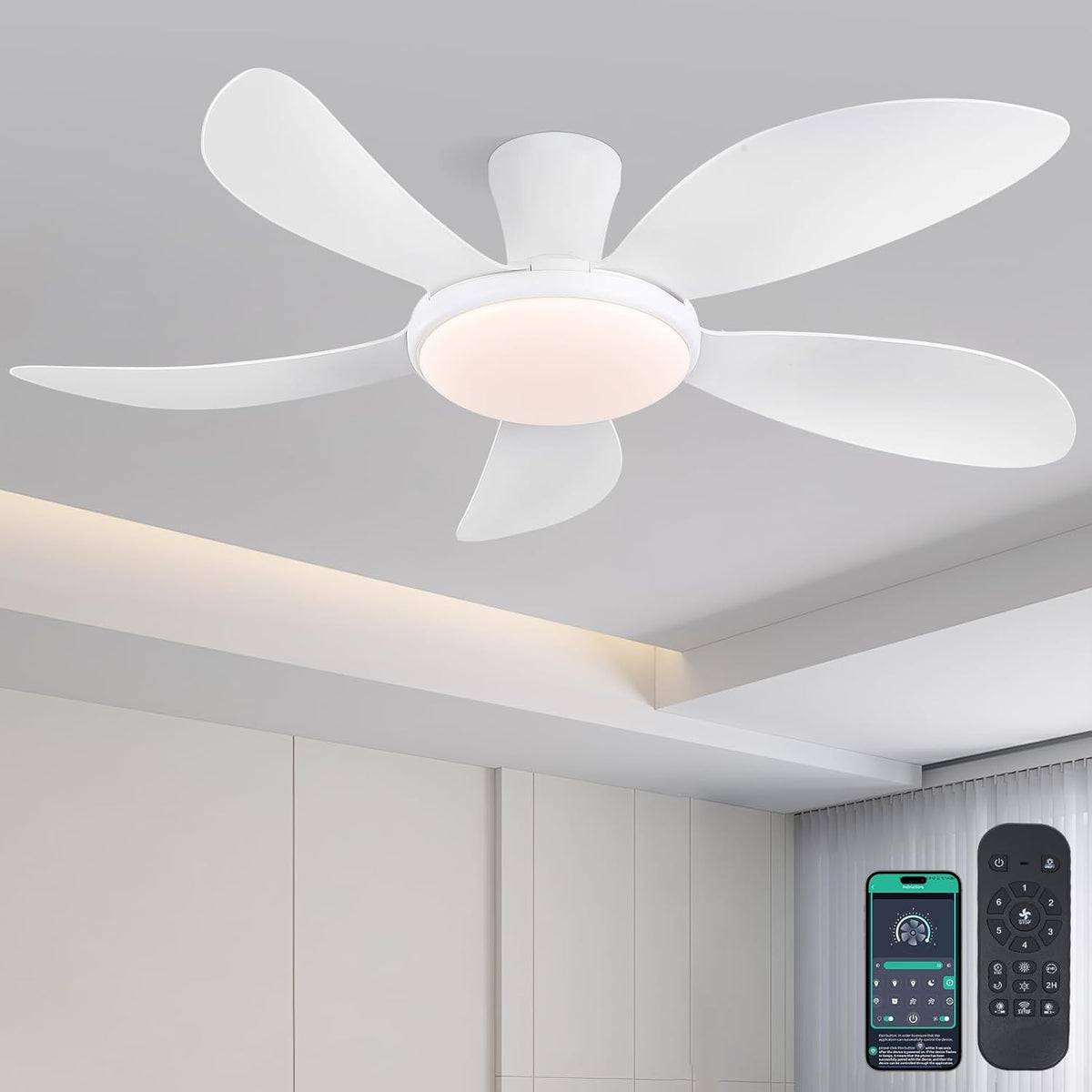 122Cm Flachbau-Deckenventilatoren Mit Licht Und Fernbedienung/App, Ventilator Mit Leisem Reversiblen Dc-Motor, Dimmbare & 6 Geschwindigkeiten, Moderne Deckenlüfter Für Schlafzimmer, Küche