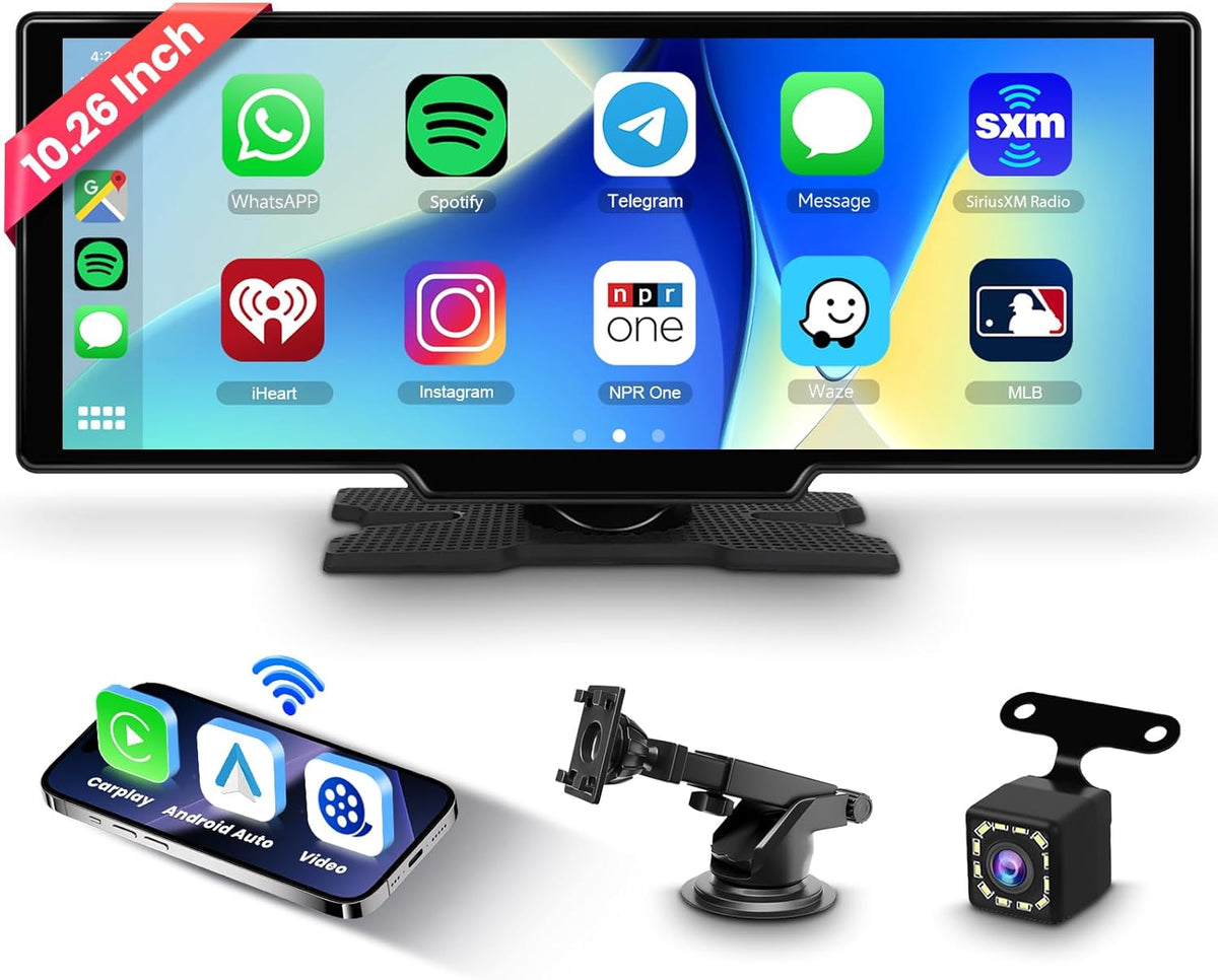 2025 Hodozzy Drahtlos Carplay Android Auto Bildschirm, 10.26 Zoll Tragbares Bluetooth Autoradio Mit IPS Touchscreen/Youtube/Airplay/Sprachsteuerung/Aux/Tf/Ota/Fm-Transmitter + Rückfahrkamera