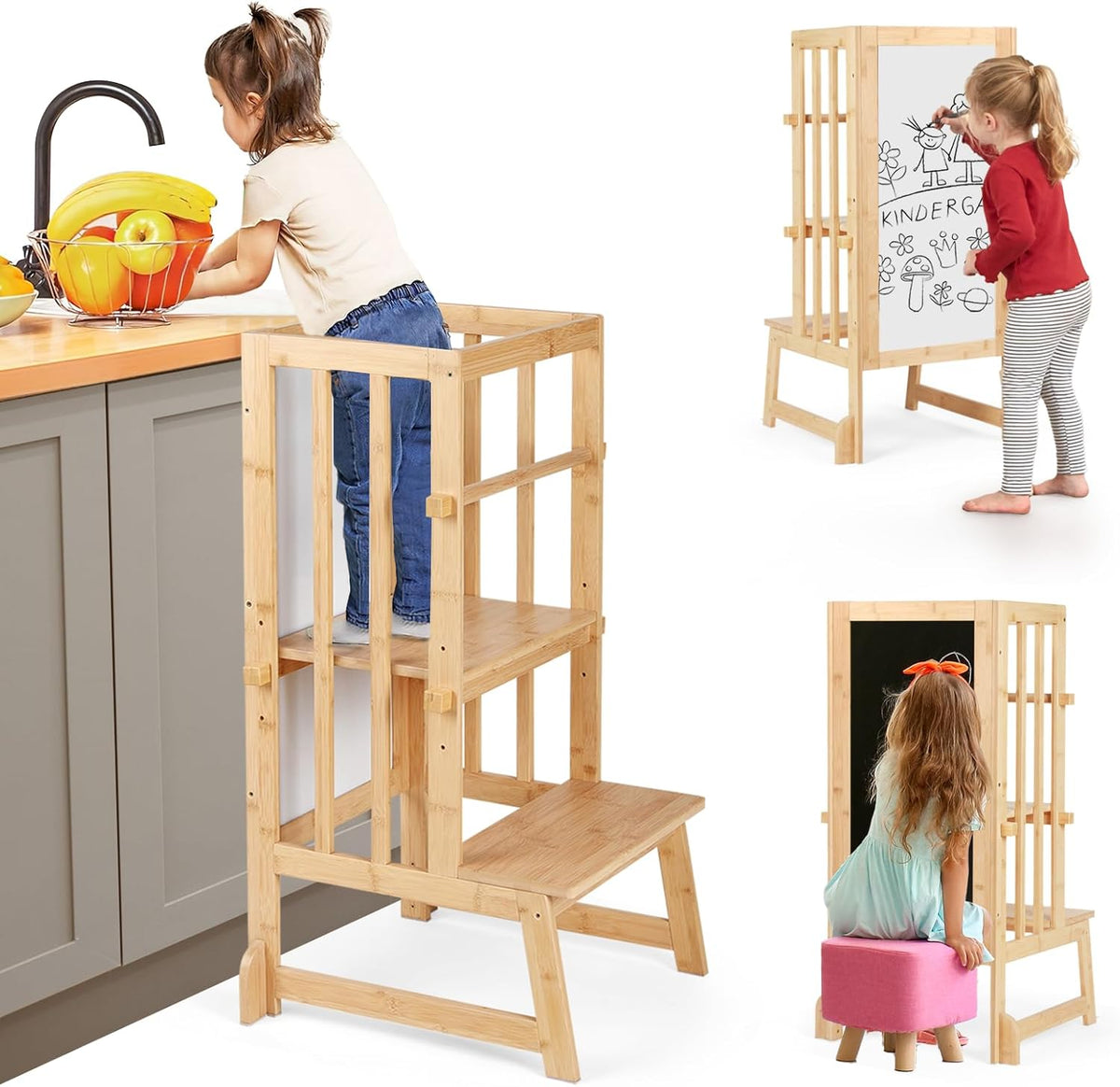 3 Stufen Höhenverstellbar Lernturm Und Tritthocker Für Kinder, a Förmiger Struktur, Sicherheitsgeländer, Für Kinder Im Alter Von 18-36 Monaten, Montessori Küchenhelfer, Bambusholz,Natural